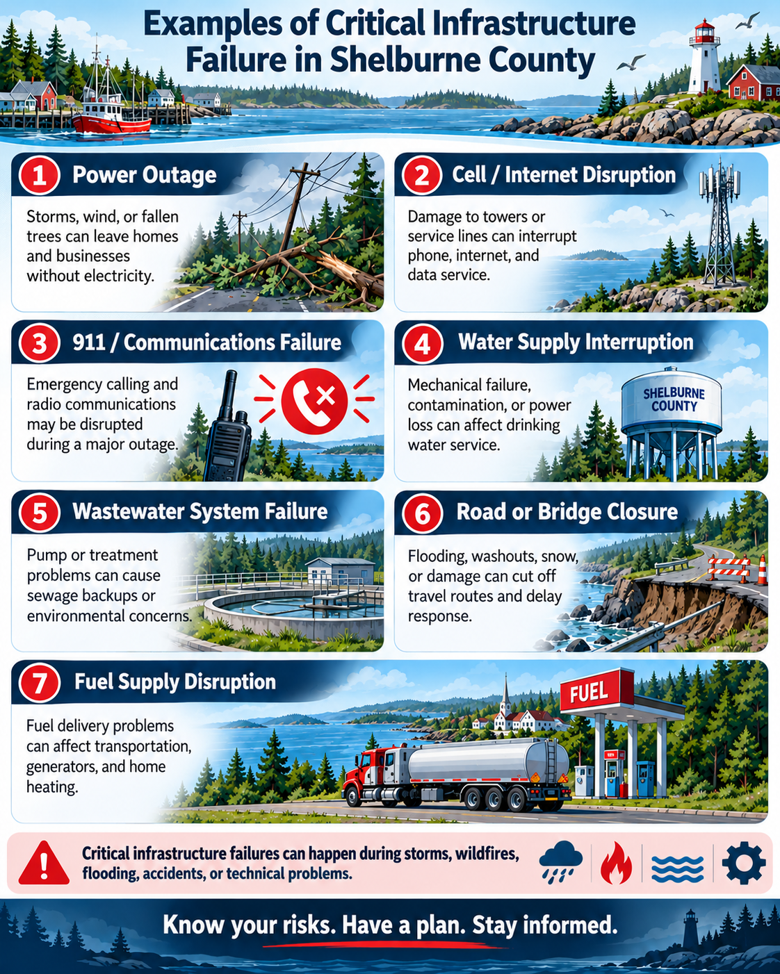An infographic titled "Examples of Critical Infrastructure Failure in Shelburne County" with illustrations of a boat, power lines, radio tower, water tower, wastewater treatment plant, road closure, and a fuel station, explaining different infrastructure failures and their impacts.