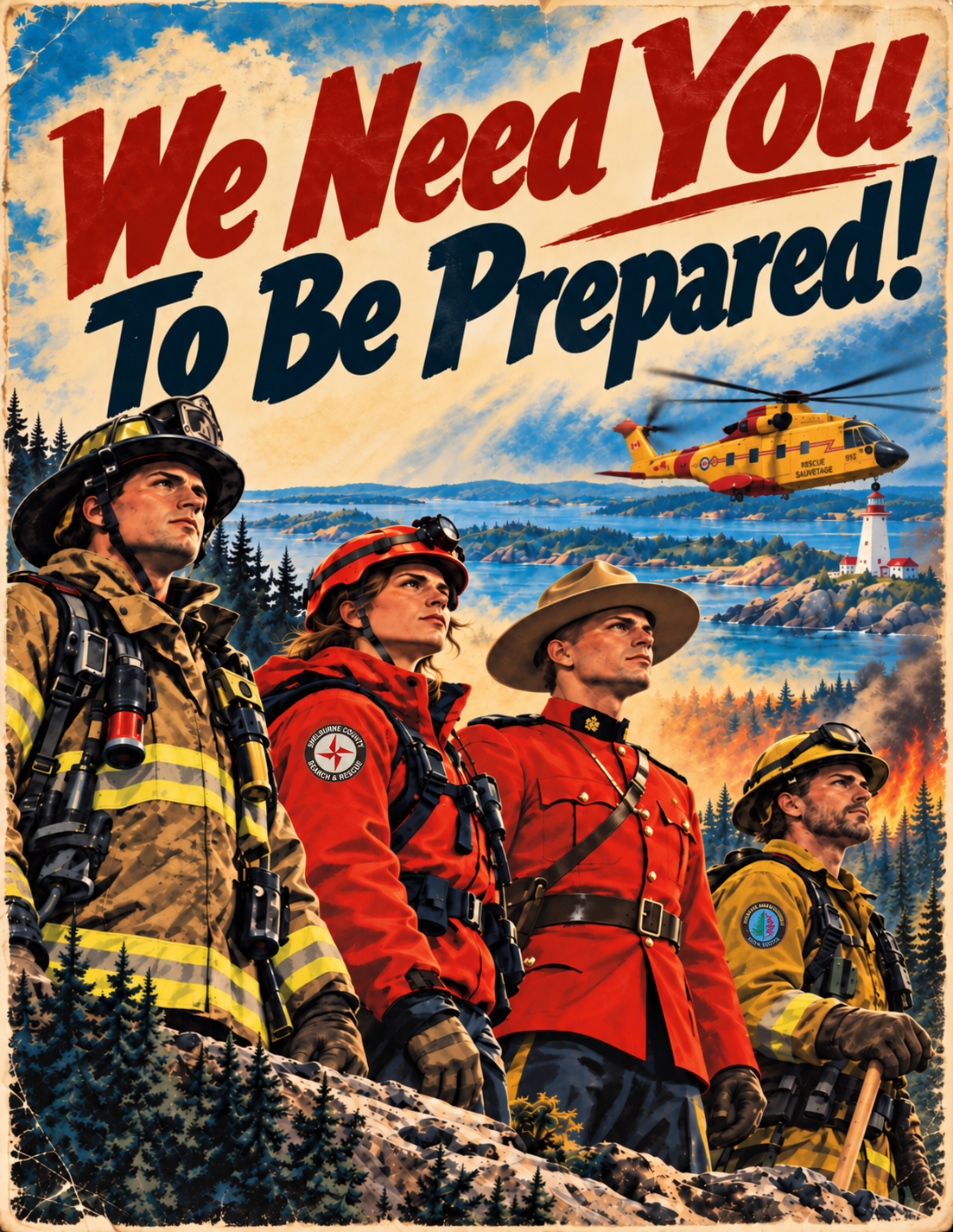 A vintage poster with the text 'We Need You To Be Prepared!' showing four emergency responders, including firefighters and a rescue service member, against a backdrop of a forest fire, a lake, a lighthouse, and a rescue helicopter flying overhead.