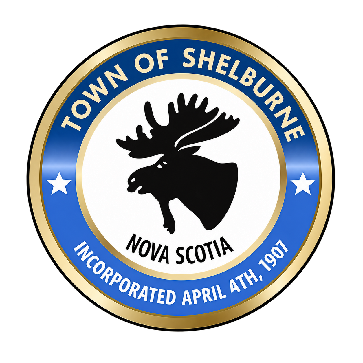 Official municipal seal of Shelburne, Nova Scotia, featuring a black silhouette of a moose head with antlers, with blue and gold circular borders, and the text 'Town of Shelburne Nova Scotia Incorporated April 4th, 1907' around the edge.