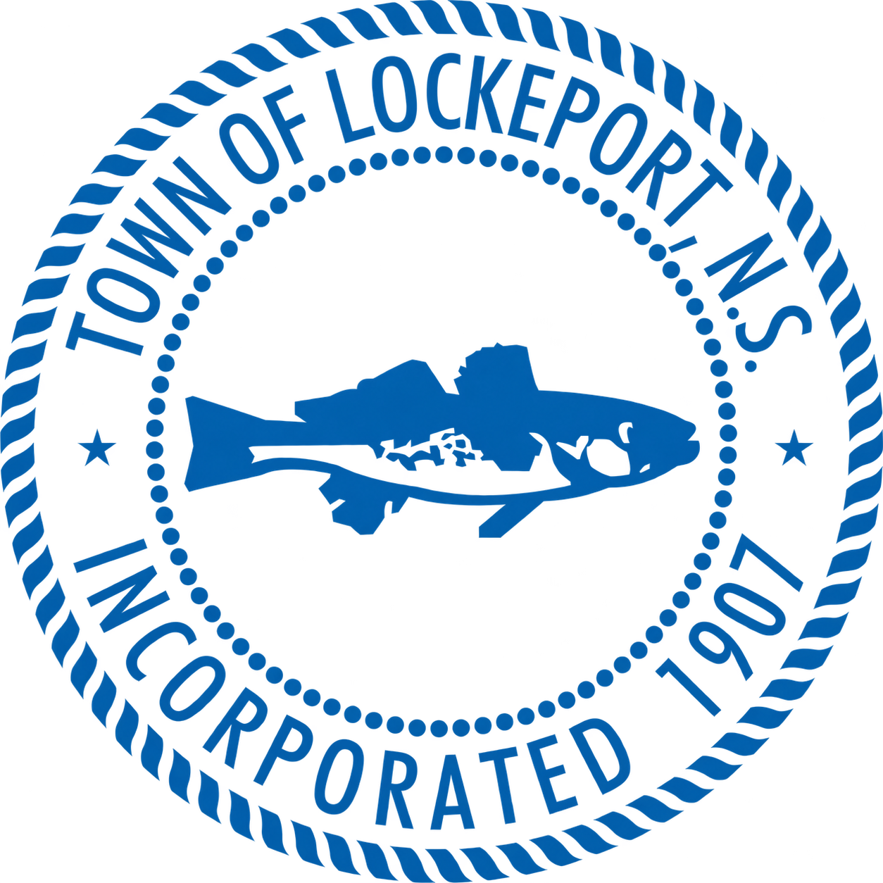 Seal of the Town of Lockport, Inc., established in 1907, featuring a fish at the center and surrounded by a rope border with the town name and establishment year.