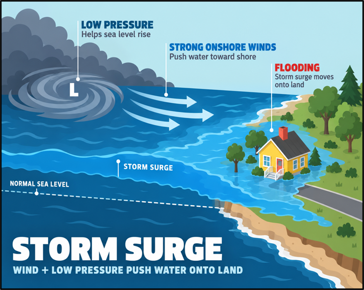 Diagram showing how wind and low pressure cause storm surge and flooding. It illustrates low pressure helping sea levels rise, strong onshore winds pushing water toward the shore, and storm surge moving onto land, with a house and trees near the shoreline, and labels for normal sea level, storm surge, flooding, low pressure, strong winds, and storm surge.