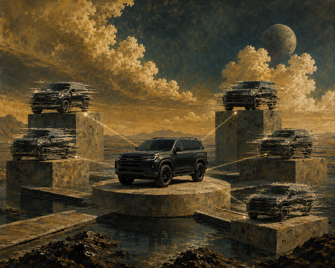 Multiple black Toyota SUVs connected with lines on a surreal platform with rock formations and a dramatic sky featuring clouds and a large moon.