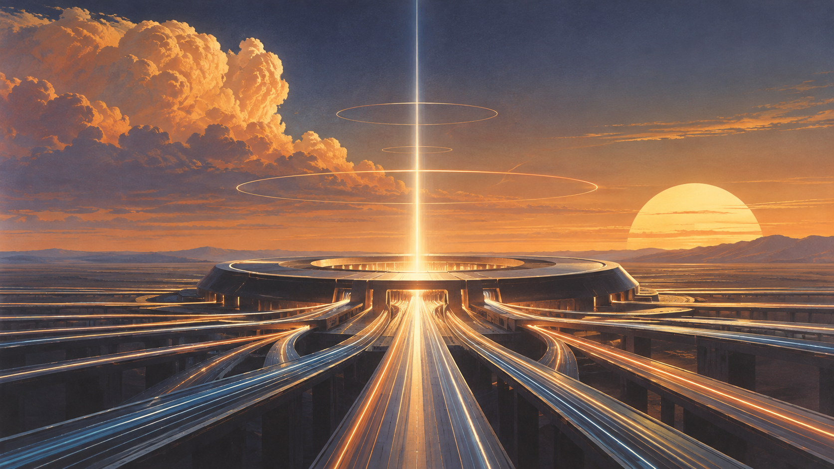 Futuristic cityscape at sunset with glowing roads leading to a circular platform and a vertical beam of light, with clouds and mountains in the background.