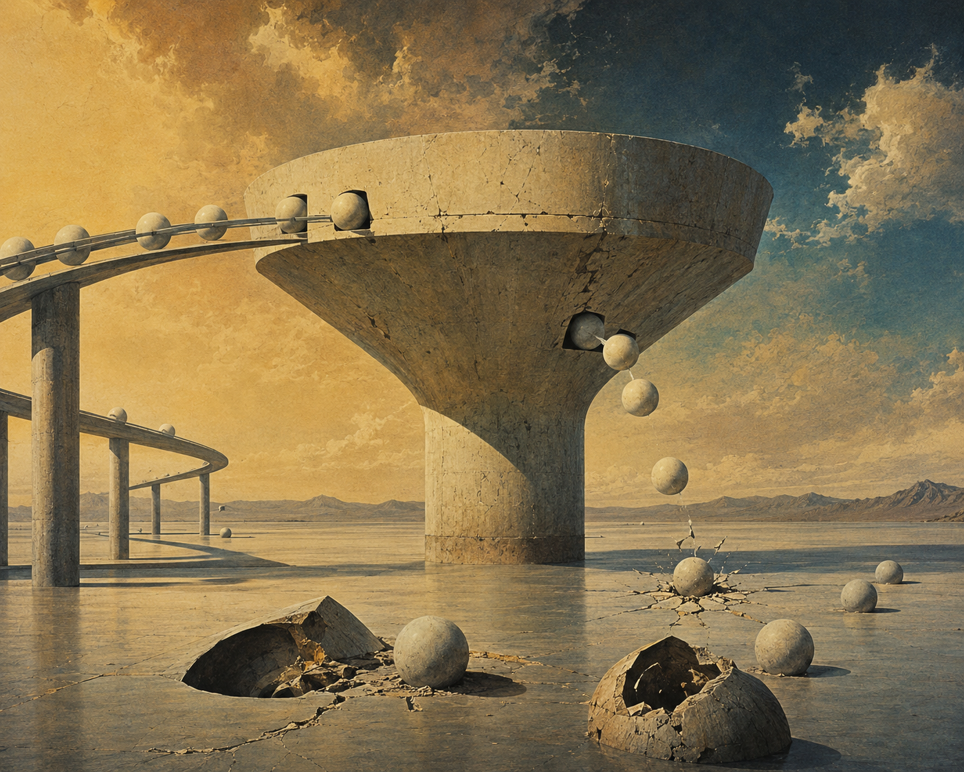A surreal landscape featuring a large, elevated, circular concrete structure with a central pillar, set in a cracked, dry landscape. Spheres are floating and crashing into the ground, with some shattered, and a winding bridge extending into the distance under a cloudy sky.