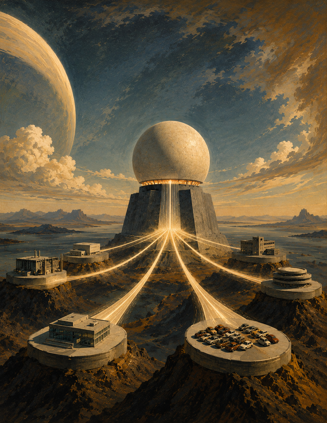 Futuristic city with large spherical structure on a mountain, emitting golden light and water streams, surrounded by smaller buildings and a parking area under a detailed sky with planets.