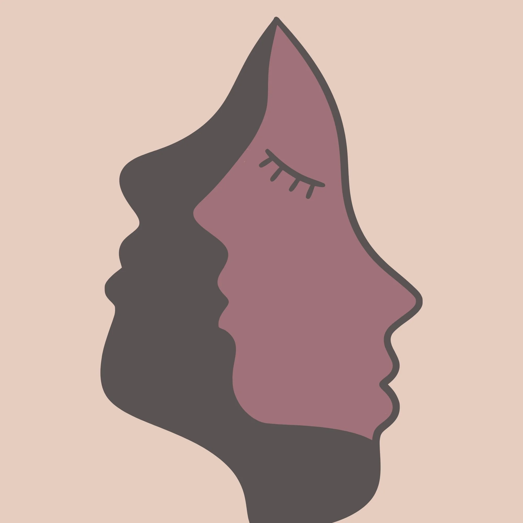 A minimalist illustration of a human profile with a pink face and closed eyelash, with a dark hair silhouette against a light beige background.