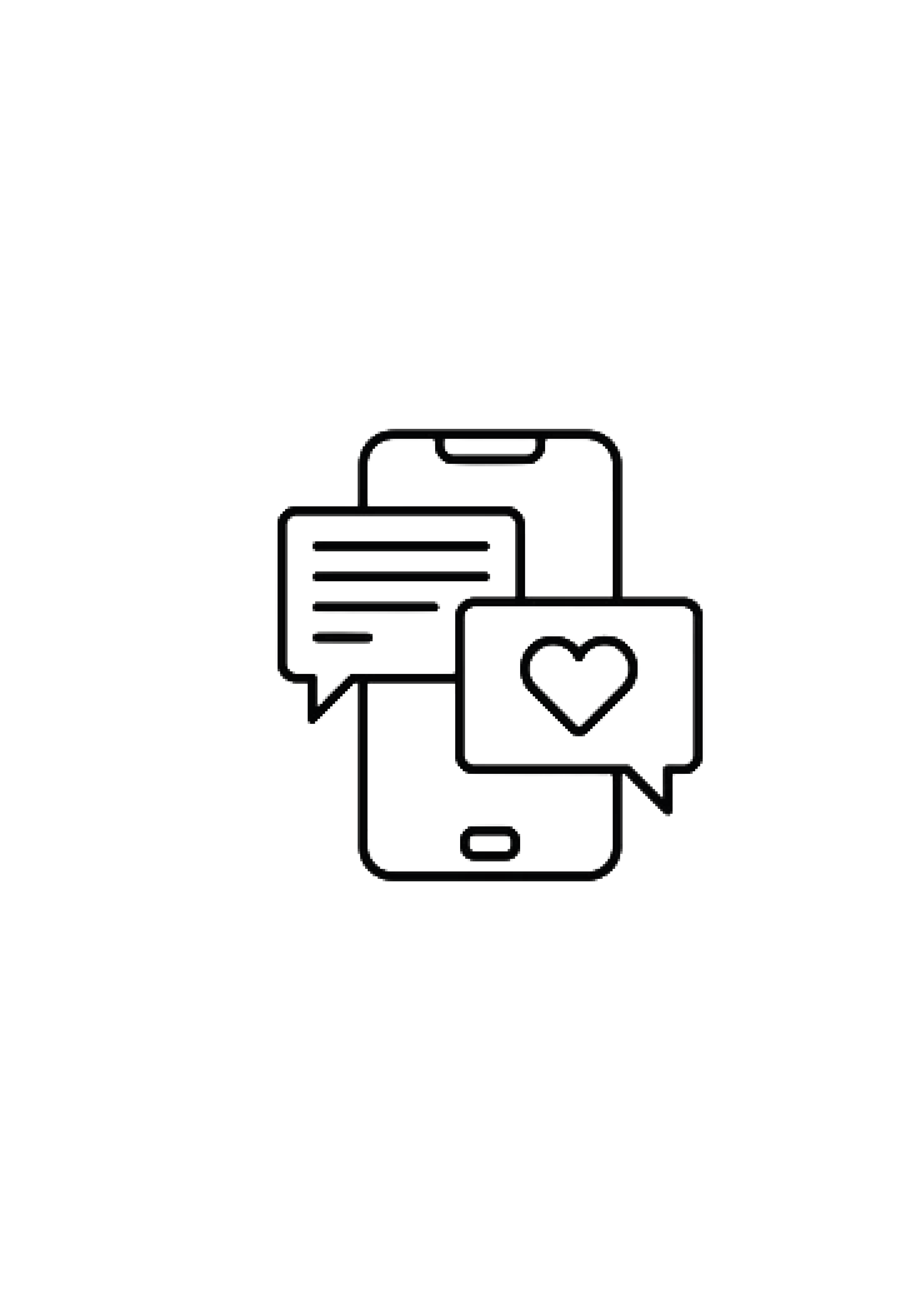 Illustratie van verschillende smartphones met chatberichten en een hart-icoon, symbool voor social media communicatie.