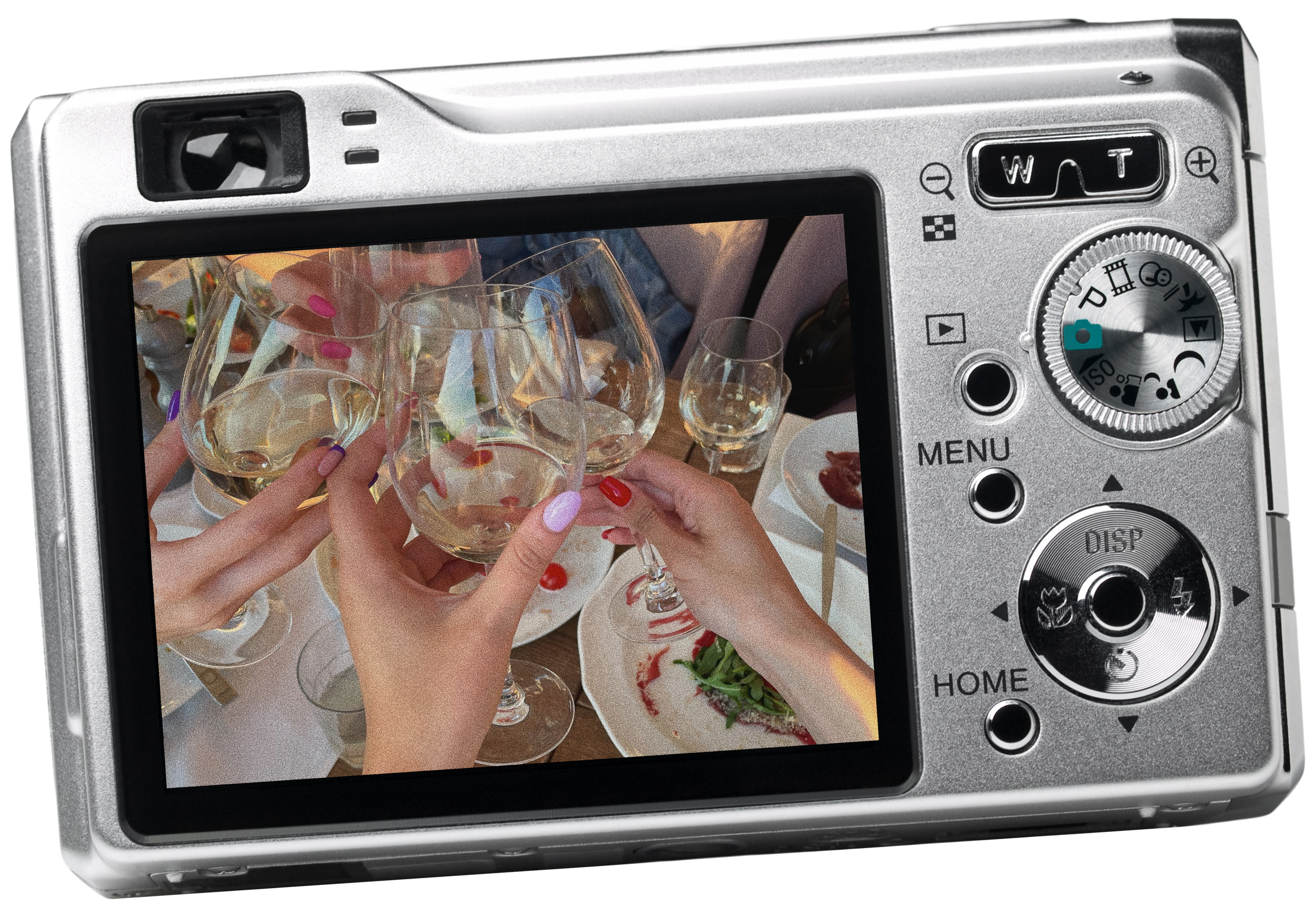 Digital camera screen showing hands raising wine glasses in a toast at a social gathering, with plates of food on the table.