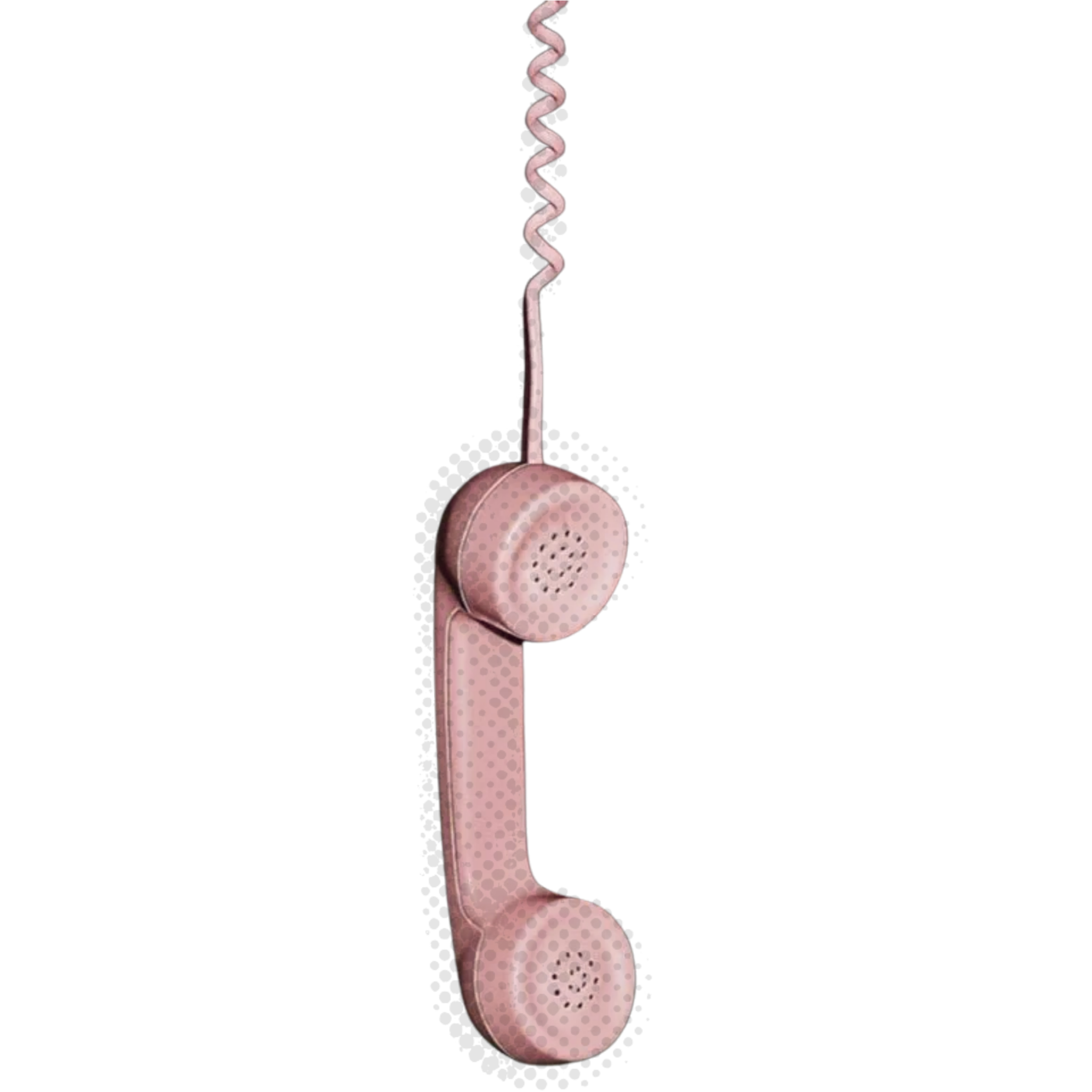 A pink corded phone, hanging by it's cord.