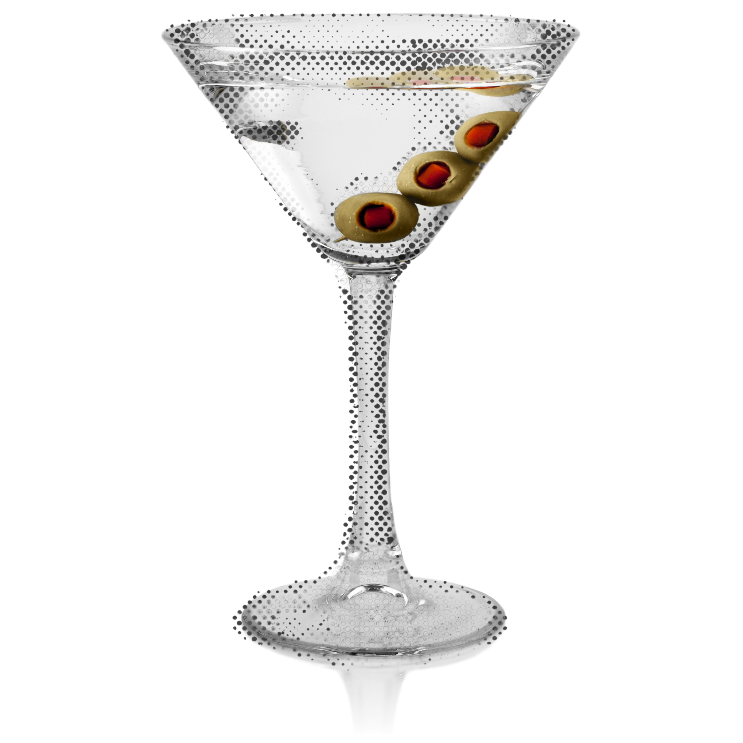 A martini glass with large green olives stuffed with red pimento, used as garnish.