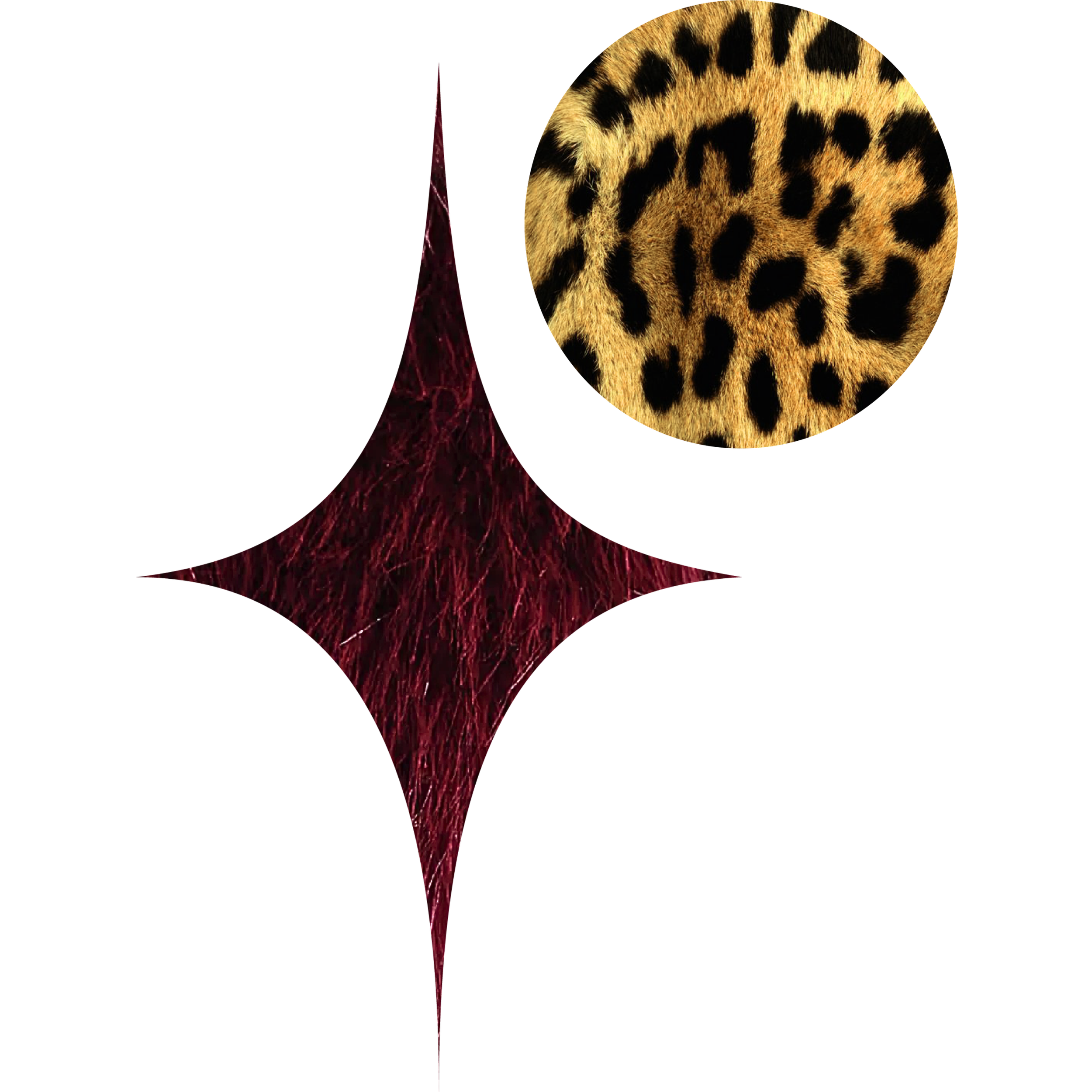 Close-up cropped circle of an image of a cheetah's fur pattern showing its characteristic spots paired with a four point diamond shape cropped image of purple fur.