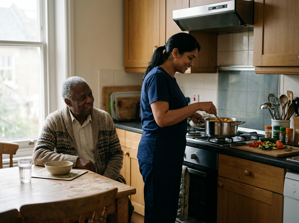 A woman in navy scrubs cooking in a kitchen while an elderly man sits at a table, watching her with a smile.