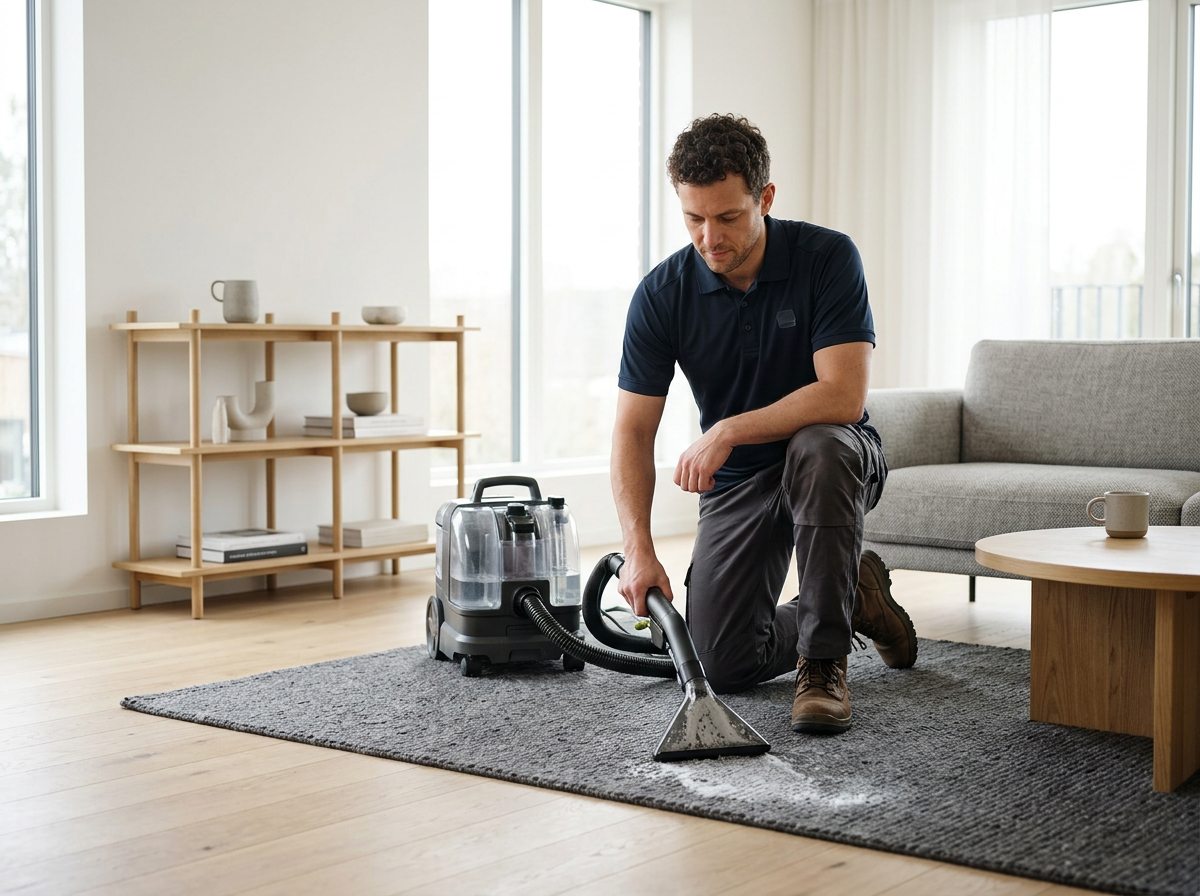 Man vacuuming a gray rug in a living room with large windows and minimal decor.