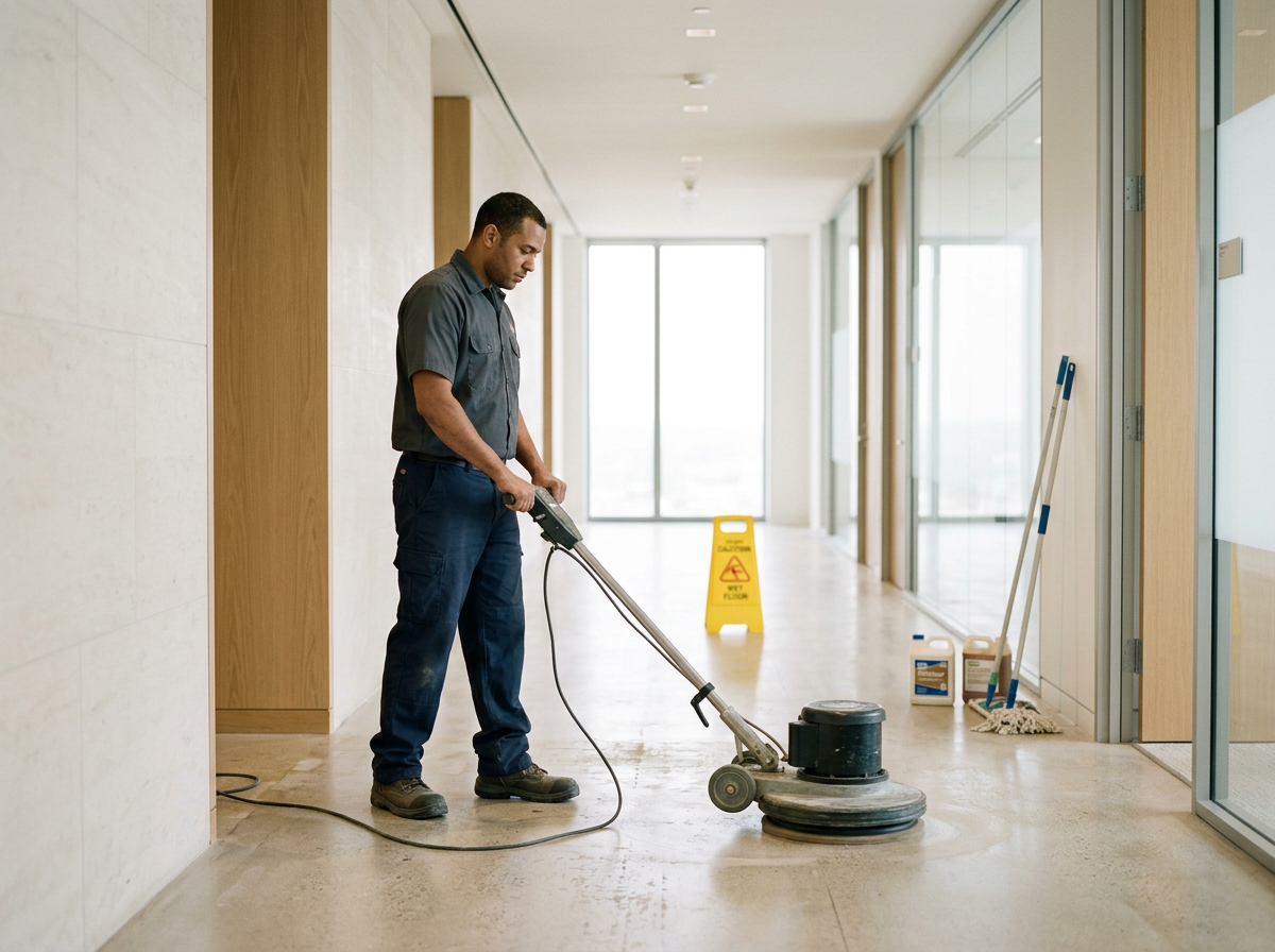 A man cleaning the floor with a floor buffer in a well-lit hallway with glass walls, cleaning supplies, and a caution sign.