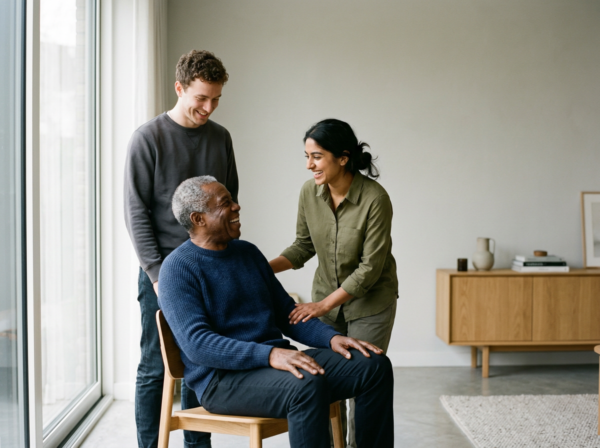 Three people, an elderly woman sitting in a chair and a young man and woman standing beside her, smiling and engaging in a conversation in a bright, modern living room.