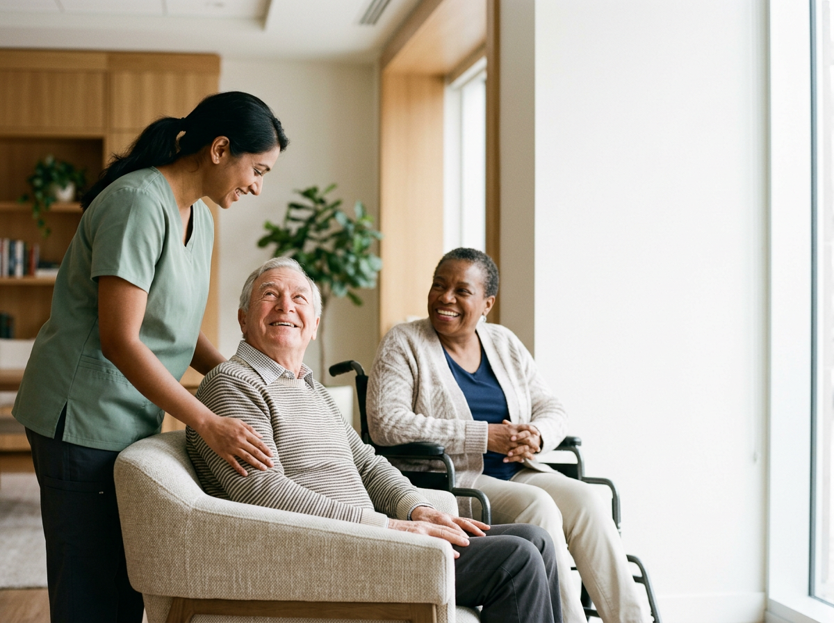A caregiver conversing with an elderly man in a wheelchair and a woman seated next to him in a bright room.
