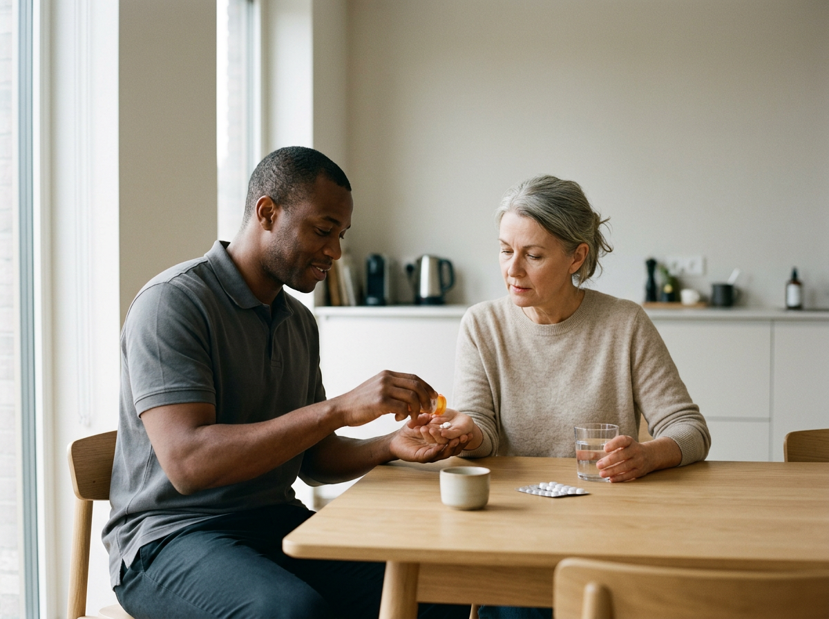 A man handing medication to a woman sitting at a wooden table in a kitchen, with a glass of water and a medication pack on the table.