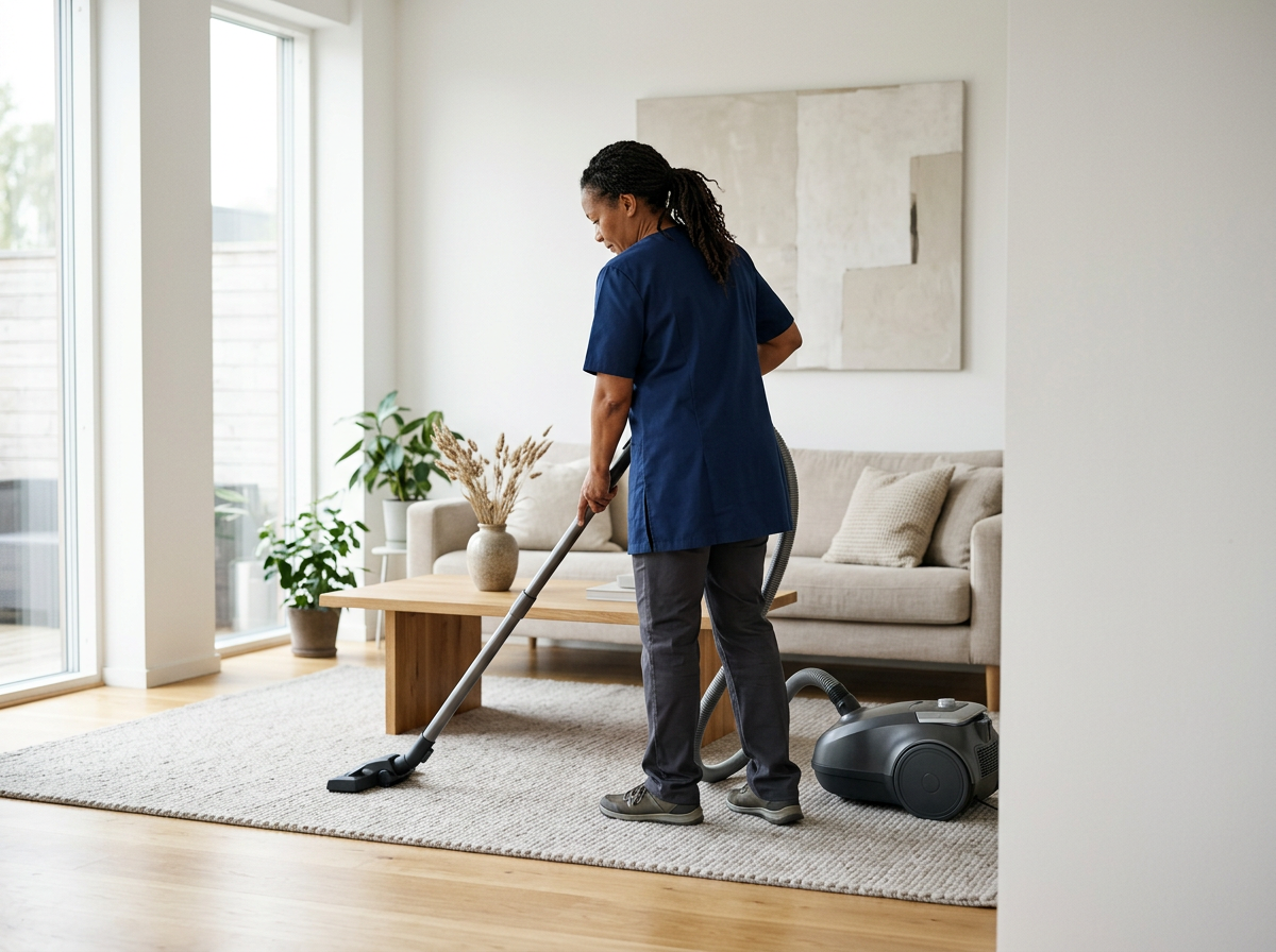 A woman in blue scrubs vacuuming a living room with a canister vacuum cleaner.