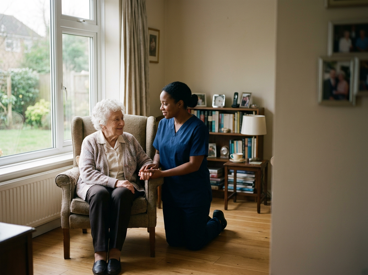 An elderly woman sitting in a beige armchair near a window with a young female nurse kneeling beside her, holding her hand and smiling in a cozy living room.