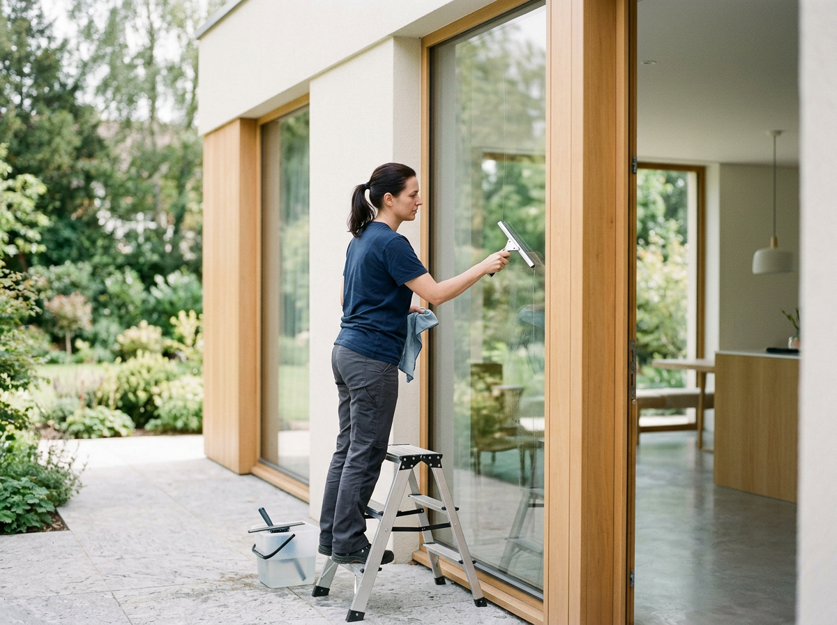 A woman cleaning a large glass door with a squeegee outside a modern house with wooden trim and a garden in the background.