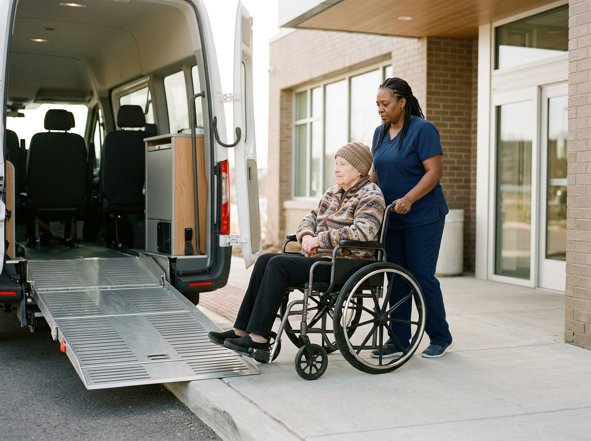 A woman in a wheelchair being assisted by a caregiver out of a vehicle with a wheelchair ramp outside a residential building.