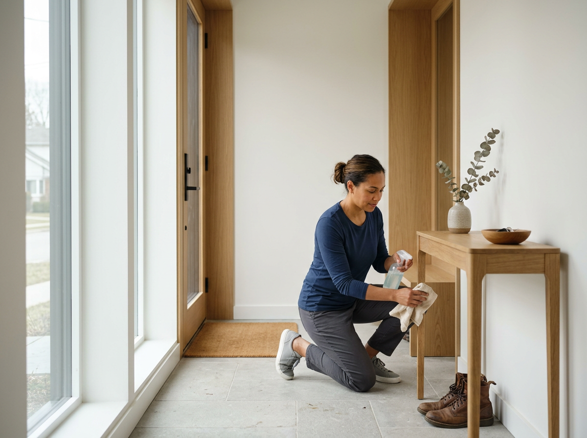 A woman kneeling on the floor, cleaning a wooden console table in a bright entryway, with a pair of brown boots underneath the table and a decorative vase with eucalyptus leaves on top.
