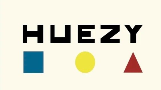 The word 'HUEZY' spelled out with each letter representing a different shape and color: 'H' is a blue square, 'U' is a yellow circle, 'E' is a red triangle, 'Z' is a black letter, and 'Y' is a black letter.