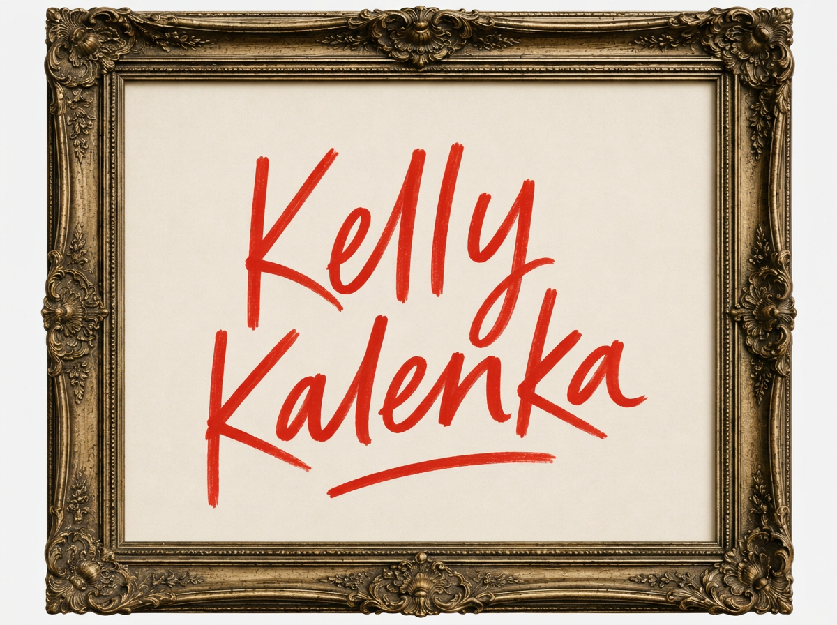 Framed sign with the words 'Kelly Kalenka' written in red handwritten font on a white background.
