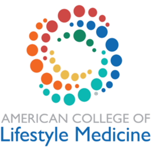 Colorful graphic of a lightning bolt made of circles in various sizes, with the text 'American College of Lifestyle Medicine' underneath.