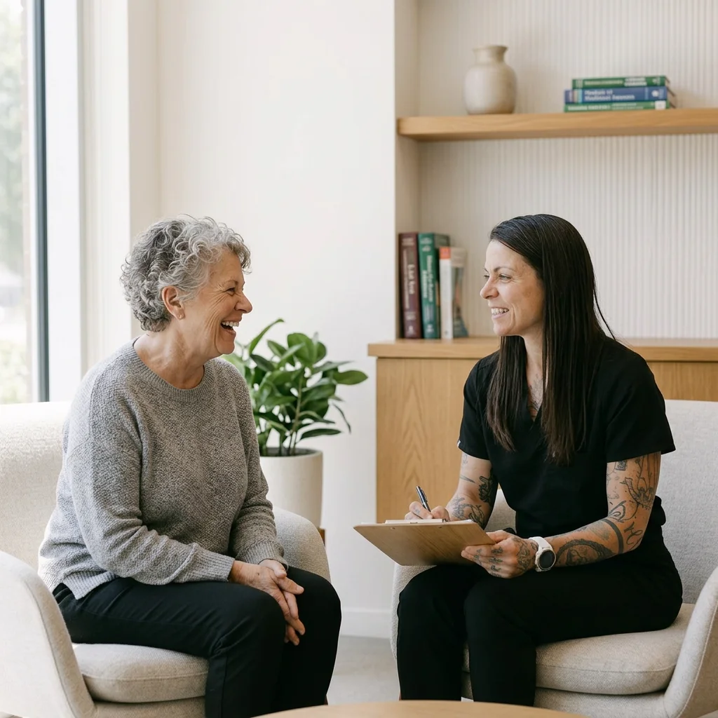 Cynthia Pokluda, founder of Rebel Medical, meeting with a patient for personalized primary care focused on individual health needs and goals.