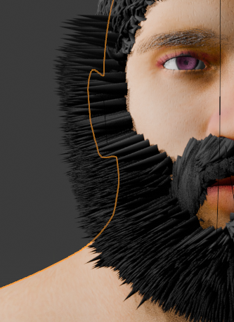 Close-up of a person's face with black bristles and black paint forming a beard and surrounding the face, with one purple eye visible.