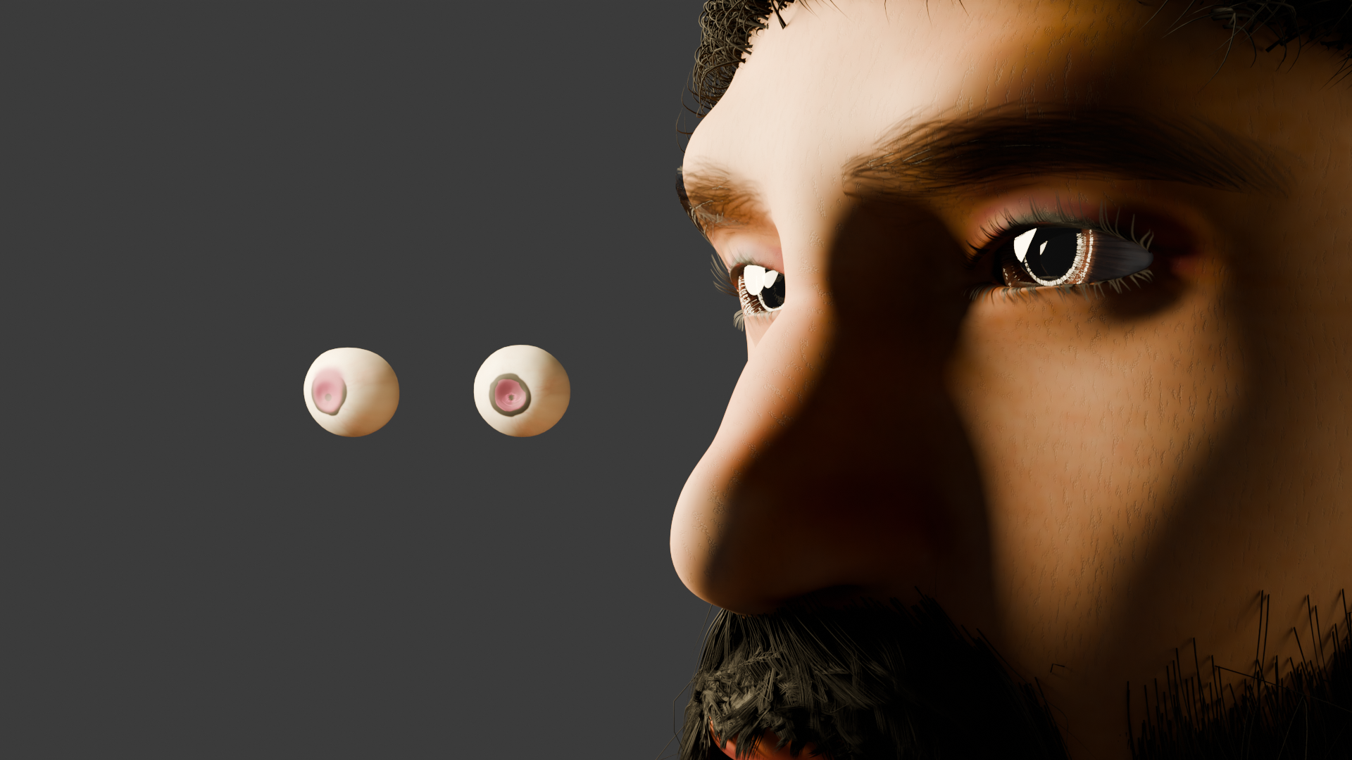 A digitally rendered close-up of a person's face with focus on the right eye, adjacent to two floating artificial eyeballs with pink irises on a gray background.