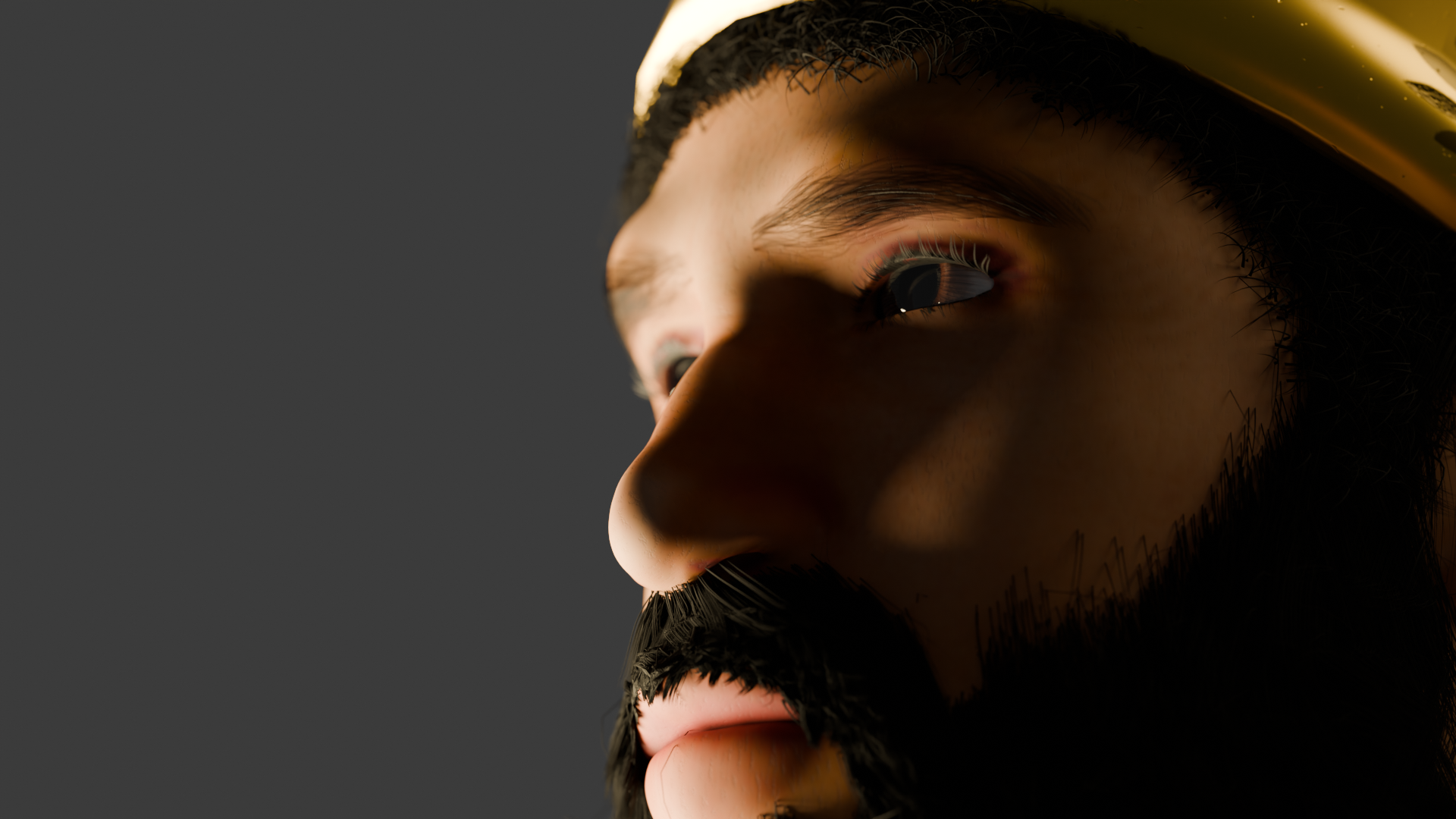 Close-up of a man's face with a full beard, mustache, and well-groomed eyebrows, looking to the side with dramatic lighting