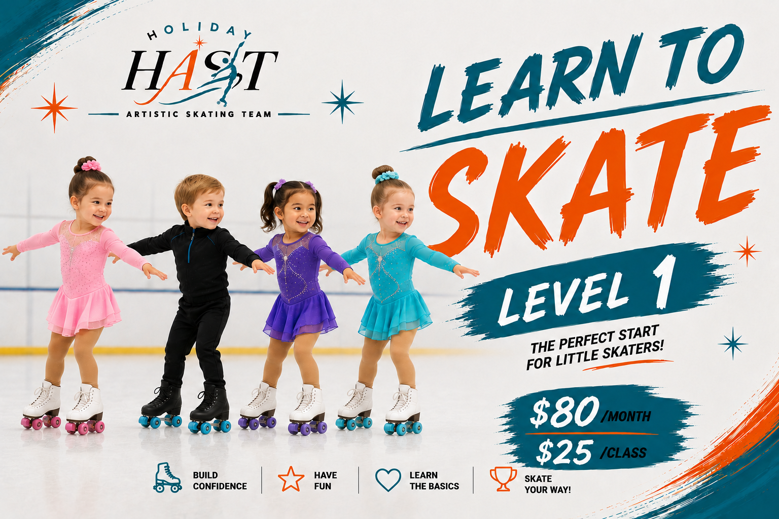 Advertisement for ice skating lessons featuring four young children in colorful skating outfits skating in a line on ice rink. Text promotes beginner level skate lessons at $80 per month or $25 per class, emphasizing confidence, fun, and learning basics.