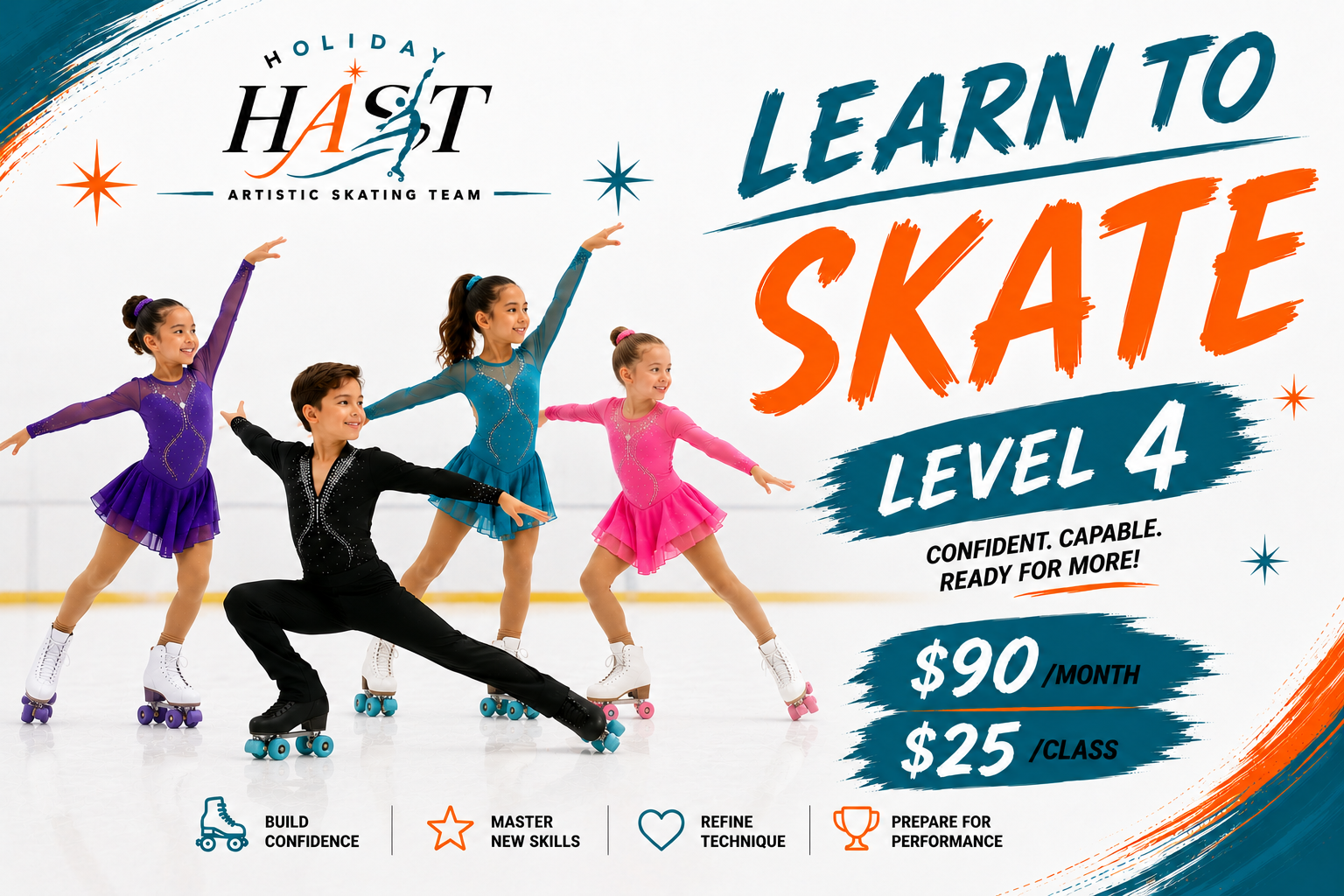 Young girls in colorful figure skating dresses practicing on an ice rink, with a coach demonstrating a skating move, promoting a level 4 ice skating class for the Holiday Artistic Skating Team.