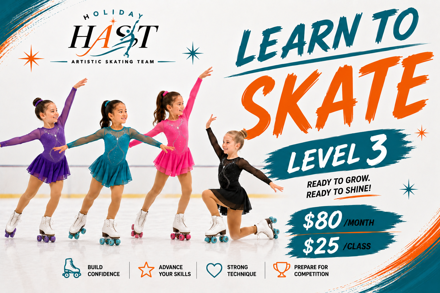 A group of four young girls in colorful skating dresses posing on an ice rink, promoting learn-to-skate classes with promotional text and graphics.