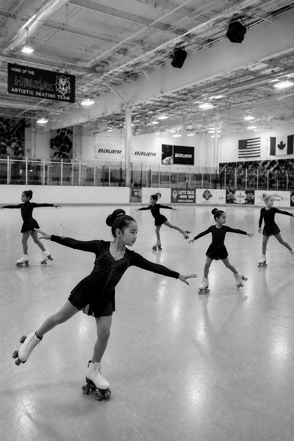 A group of young female figure skaters practicing on an indoor ice rink. They are wearing black skating dresses and skating on roller skates, with their arms extended in balance poses.