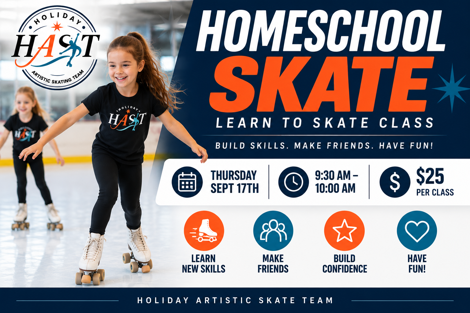 A promotional poster for a homeschool skate class featuring children roller skating at an indoor rink. The poster includes details such as date, time, cost, and benefits of the class, with a logo of the Holiday Artistic Skate Team.
