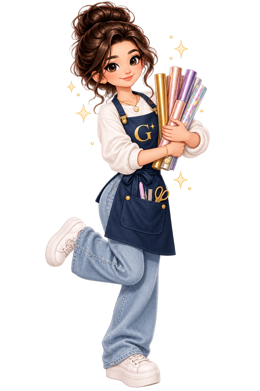 Dibujo de una niña rubia con cabello rizado, usando ropa casual y un delantal azul con la letra G, sosteniendo rollos de papel decorativo. Está de cuclillas sobre un pie, sonriendo y mostrando un look moderno y alegre.