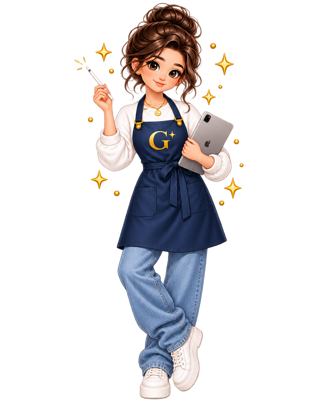 Dibujo de una joven con cabello rizado y marrón, usando una camiseta blanca, un delantal azul con la letra G+ y un pantalón vaquero, sostiene un teléfono móvil y una pluma, con fondo decorativo de estrellas doradas.