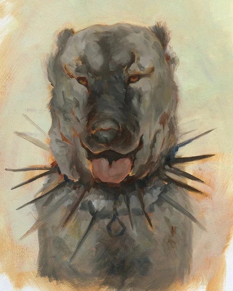 A kengal dog with a spiked collar looking content. Painted by Brynn Metheney