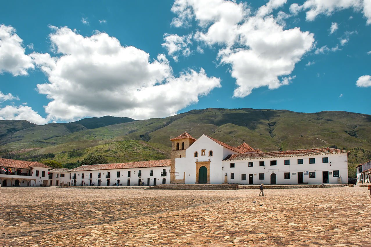Colonial buildings surrounding the main plaza in Villa de Leyva, Colombia