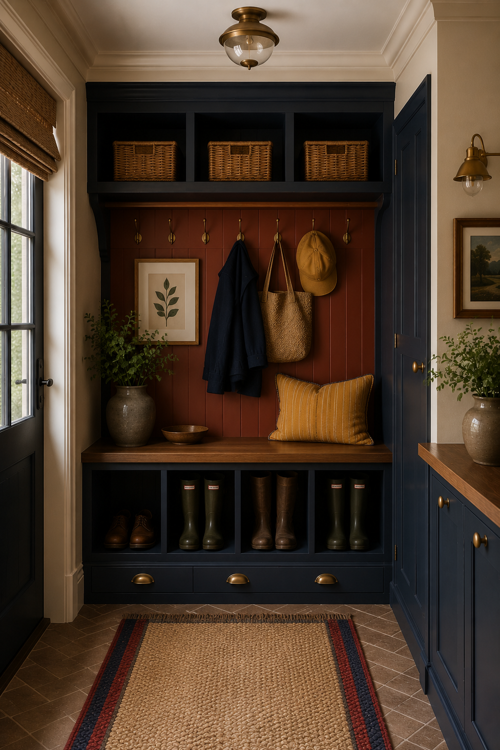 Entryway with navy blue built-in storage, hooks with a coat, hat and bag, a cushion, potted plants, and a shoe rack with boots, beneath a wooden bench and overhead baskets.
