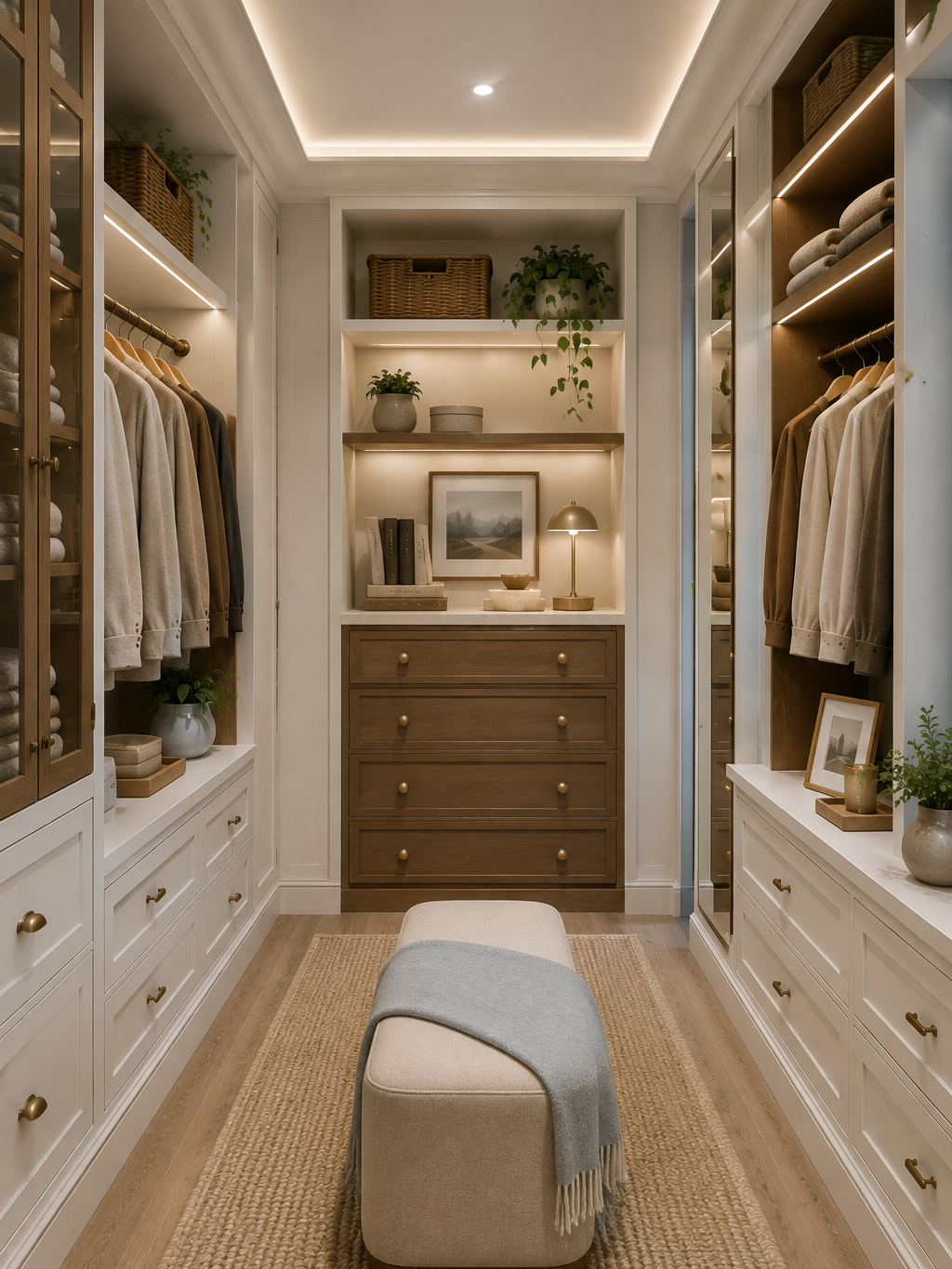 A walk-in closet with built-in shelves and drawers, clothing on hangers, decorative plants, framed art, books, and ambient lighting.
