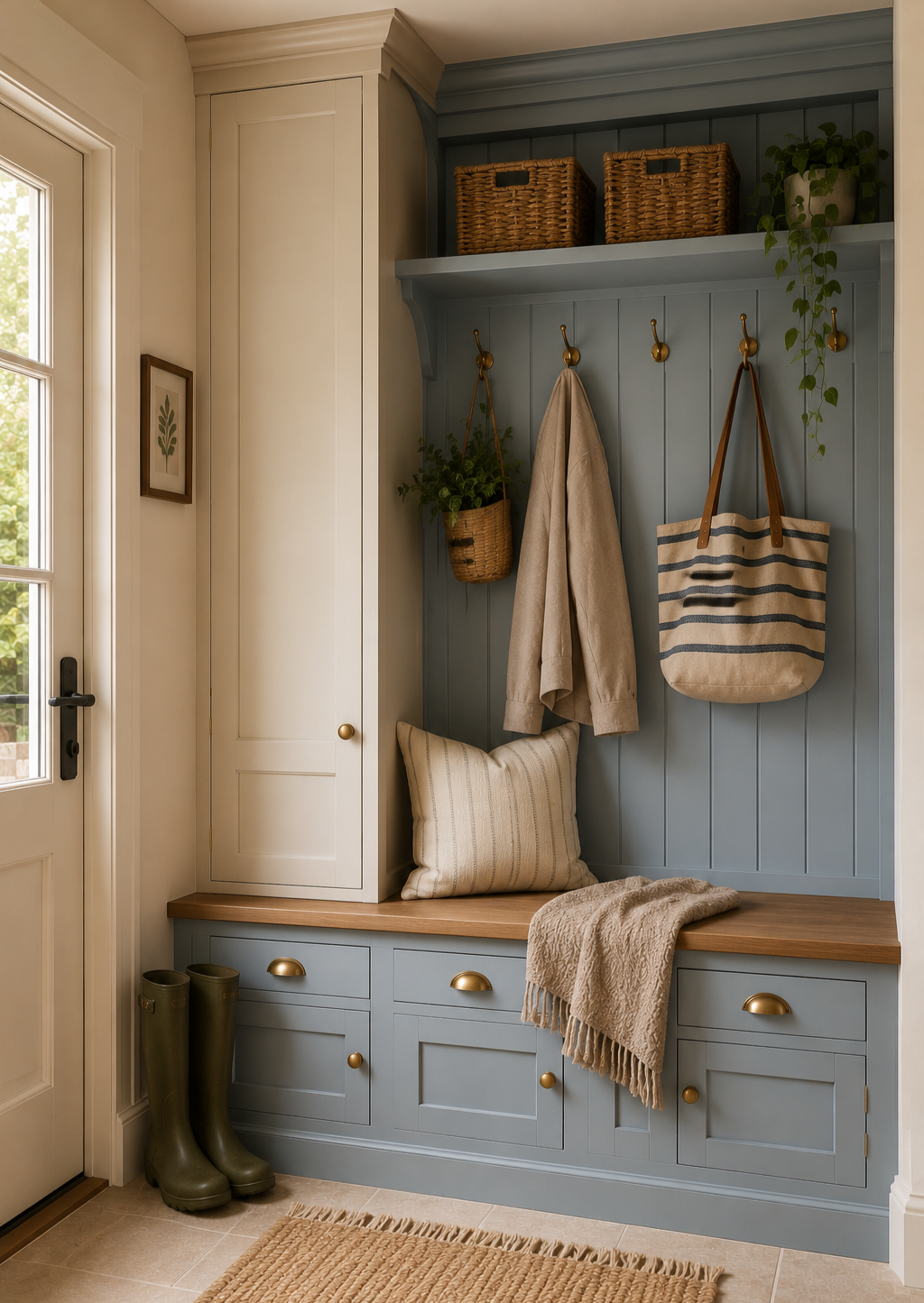 Entryway with blue built-in storage bench and coat hooks, beige handbags, hanging plants, boots, and a pillow, near a door with a window.