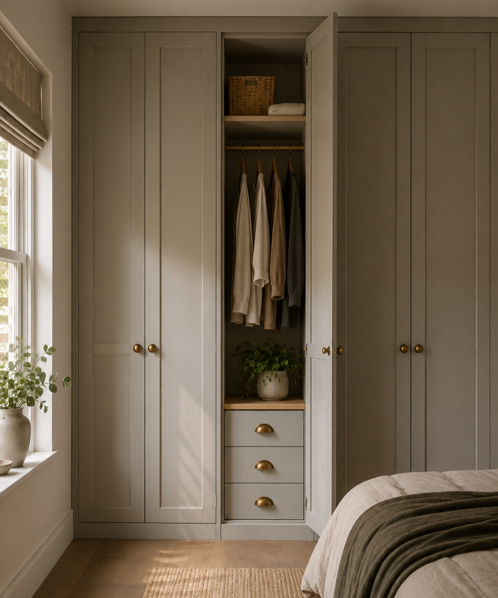 A built-in closet with closed double doors, one open revealing hanging clothes, a potted plant, and drawers. The room has a window with natural light, a bed in the foreground, and a beige rug on the wooden floor.