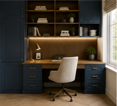 Home office with built-in blue cabinets, wooden shelves filled with books and plants, a wooden desk with a beige office chair, a desk lamp, and a window with natural light.