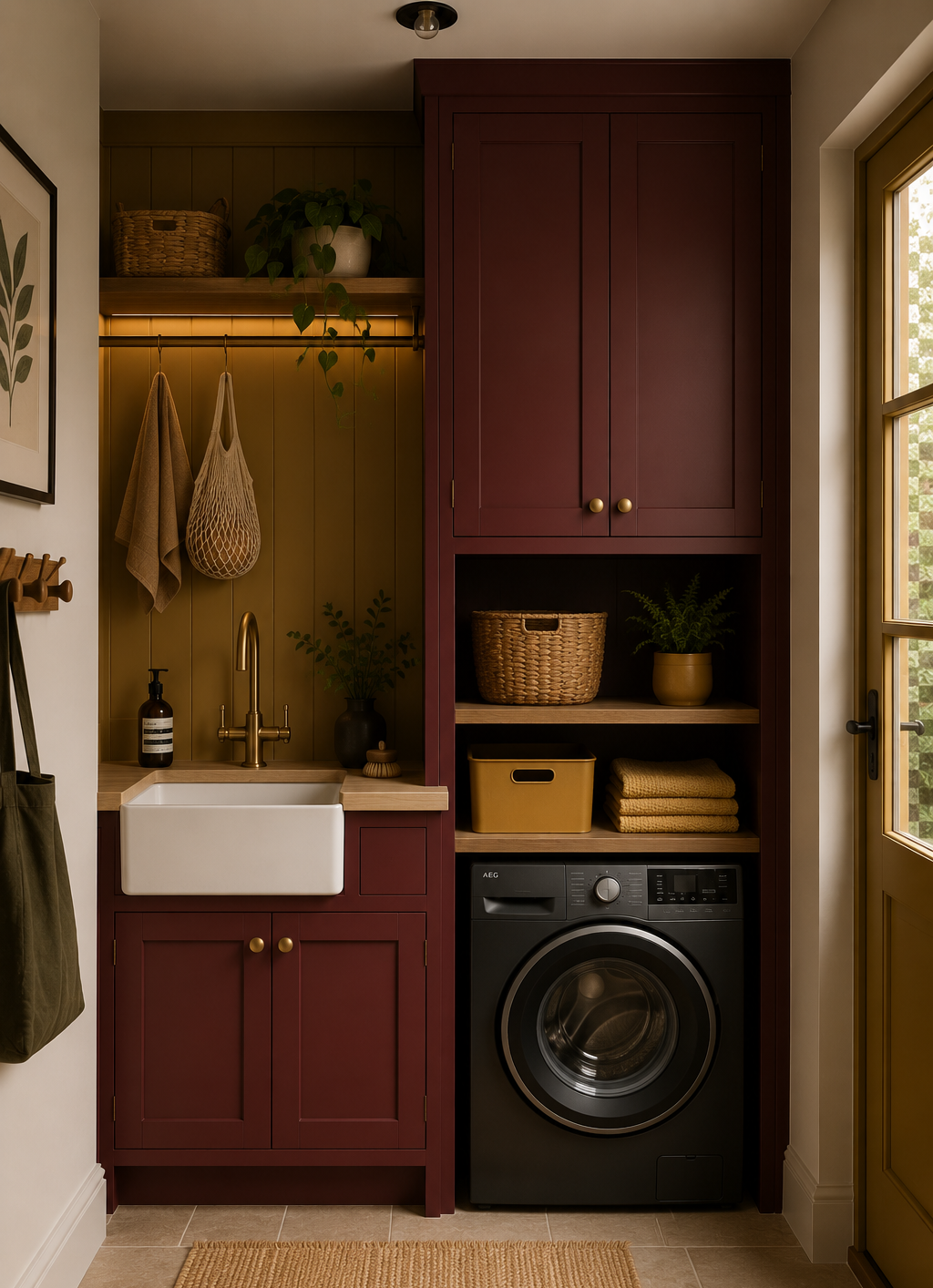 A laundry room with dark red cabinetry, a utility sink, and a front-loading washing machine. Shelves above hold baskets and plants, with hanging towels and a soap dispenser nearby. A window on the right lets in natural light.