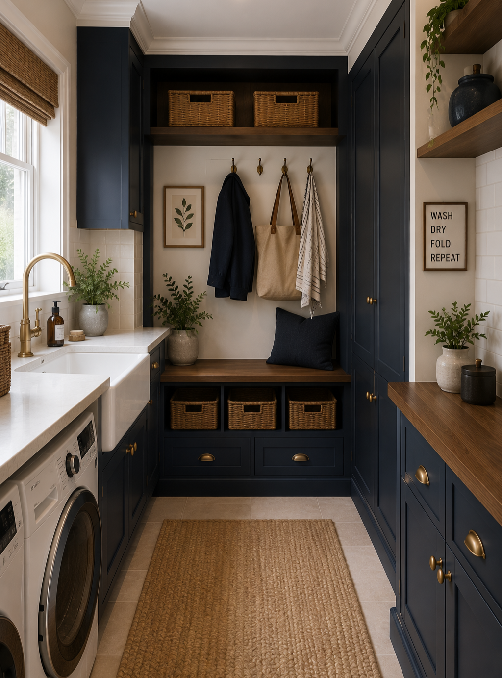 Laundry room with dark blue cabinetry, beige and white tile, a window with woven shade, plants, framed artwork, hooks with coats and bags, wicker baskets, a wooden countertop, and a beige rug.