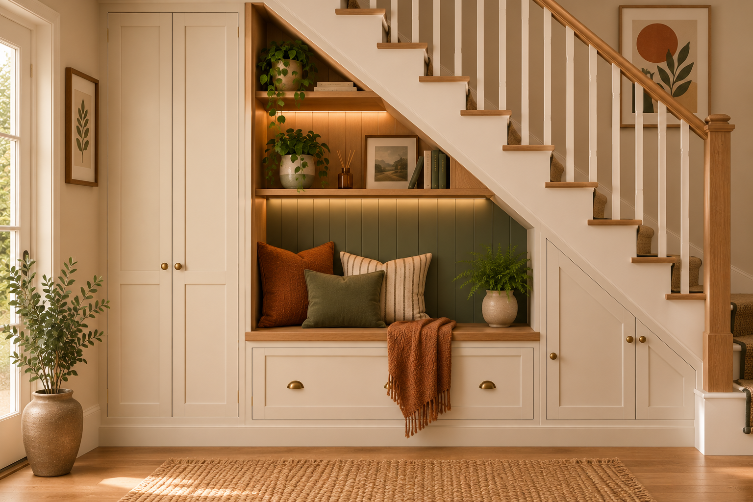 Cozy built-in under-stair storage with cushions, plants, and decorative items in a home interior.